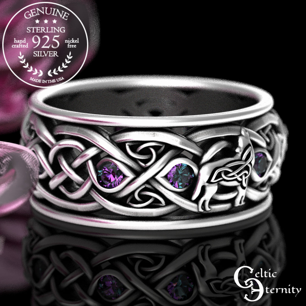 Men's Sterling Silver Wolves Celtic Wedding Band - Alexandrite, 1269