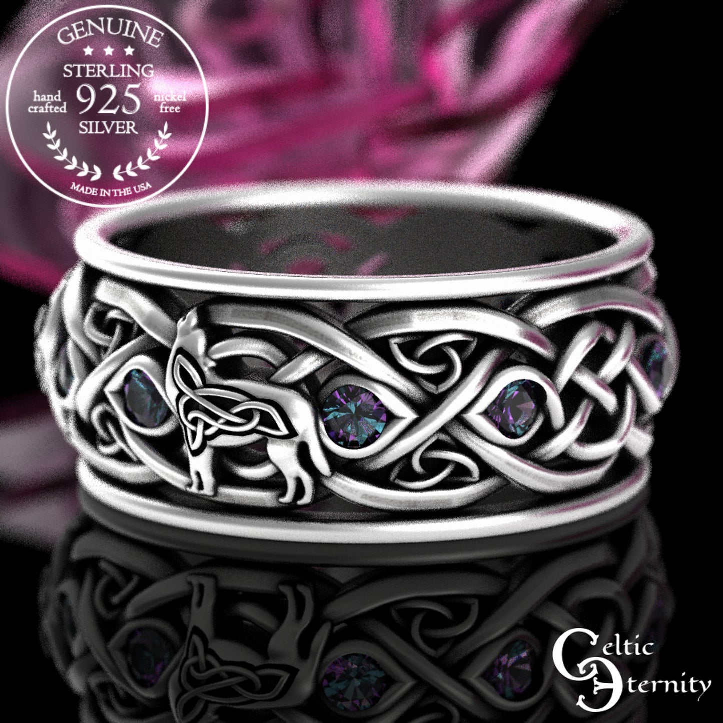 Matching Sterling Celtic Wolves His Hers Wedding Band Set - Alexandrite, 1267 1269