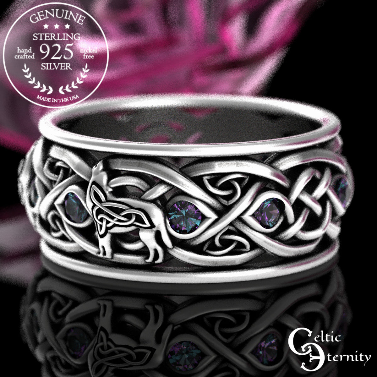 Men's Sterling Silver Wolves Celtic Wedding Band - Alexandrite, 1269