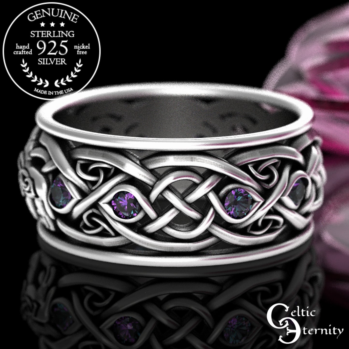 Matching Sterling Celtic Wolves His Hers Wedding Band Set - Alexandrite, 1267 1269