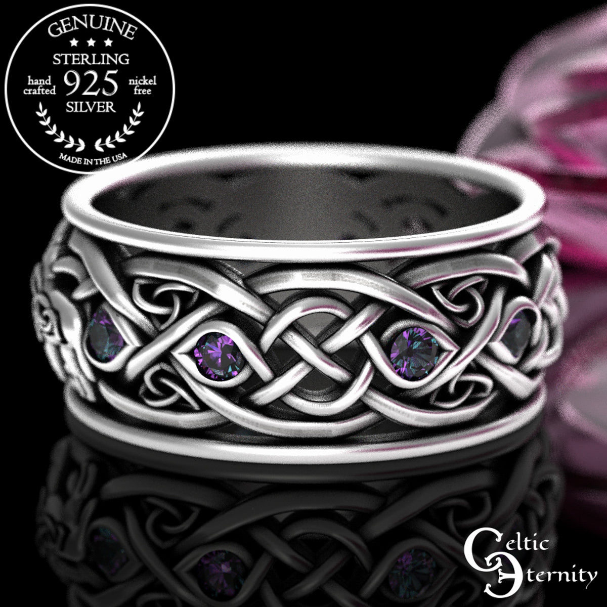Men's Sterling Silver Wolves Celtic Wedding Band - Alexandrite, 1269
