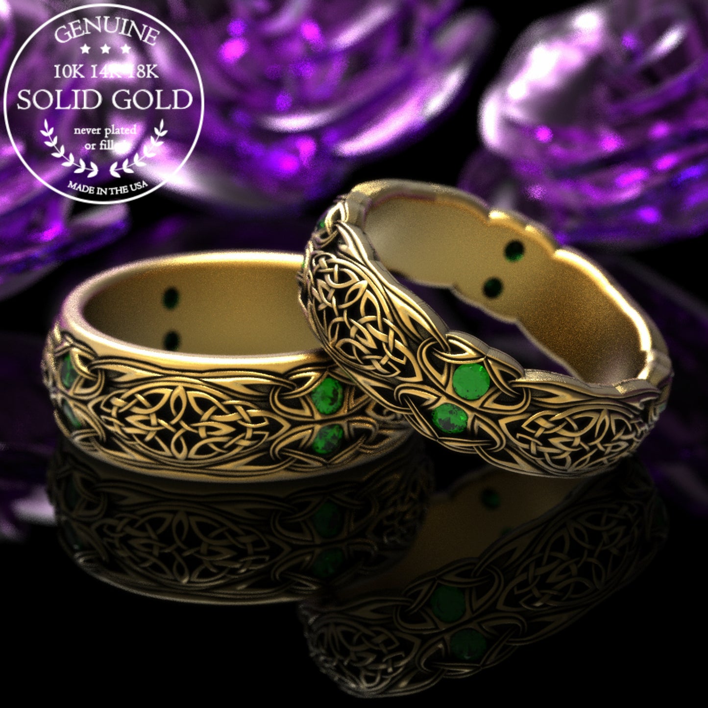 Sterling Men's Celtic Emerald Wedding Band - Celtic Cross & Trinity Knotwork, 1804