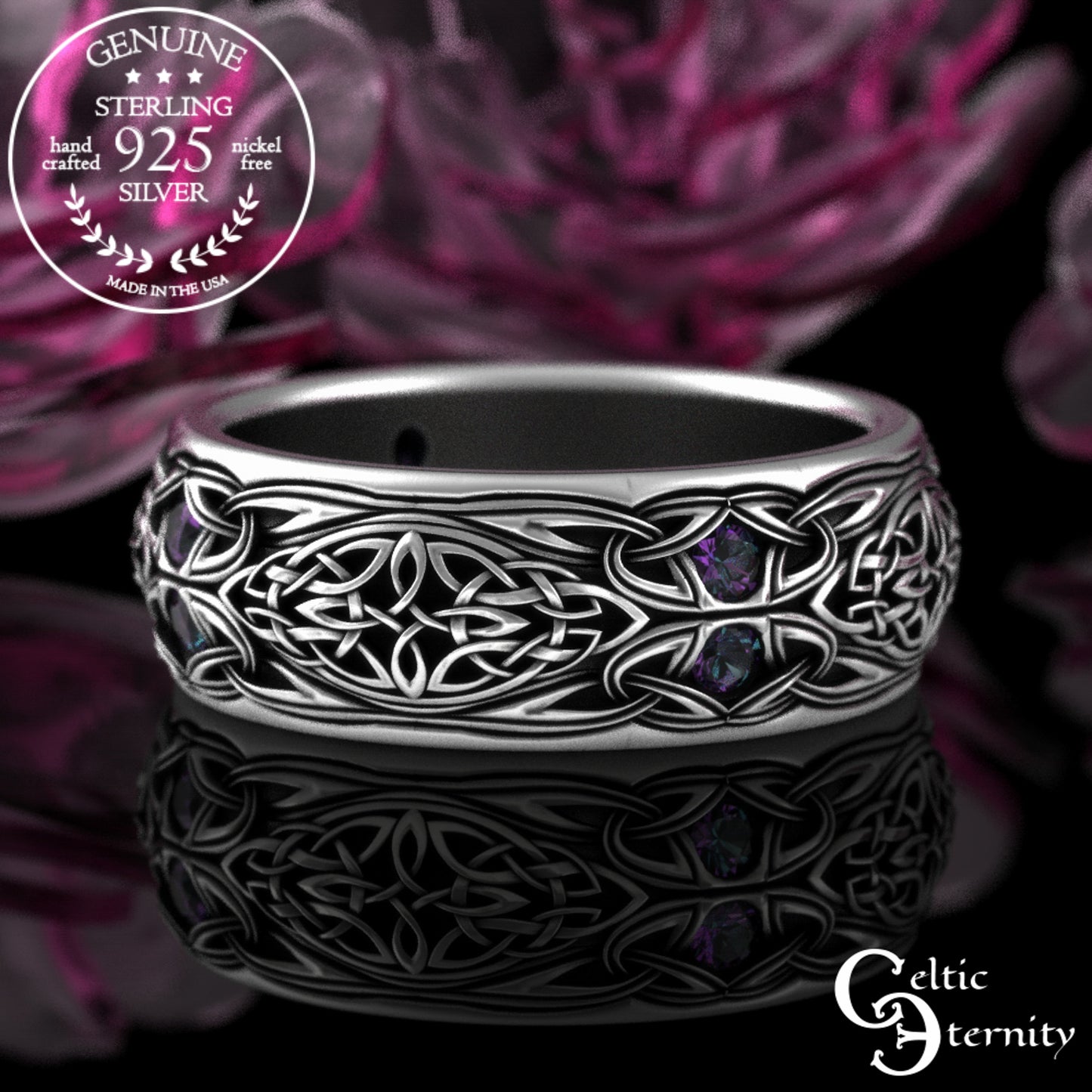 Sterling Men's Celtic Emerald Wedding Band - Celtic Cross & Trinity Knotwork, 1804