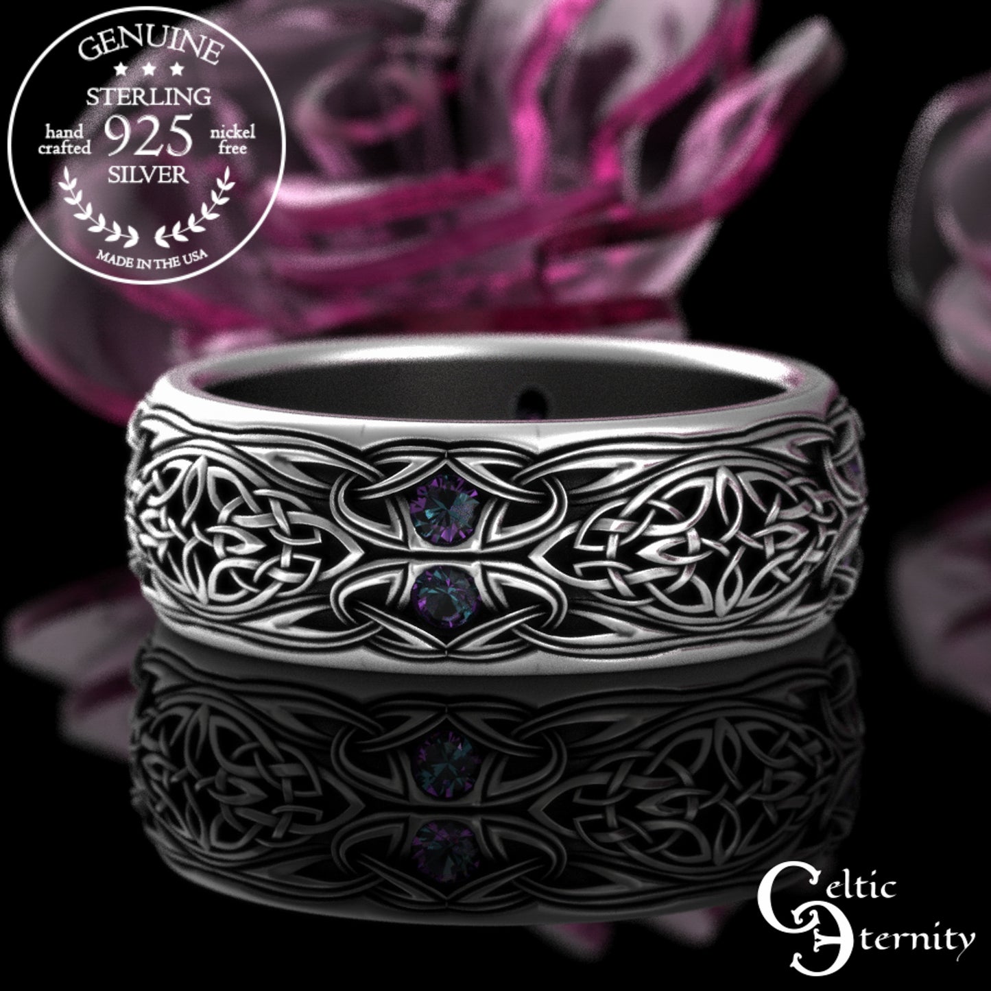 Sterling Men's Celtic Emerald Wedding Band - Celtic Cross & Trinity Knotwork, 1804