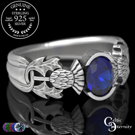 Sterling Silver Scottish Thistle Engagement Ring - Oval Sapphire, 1777