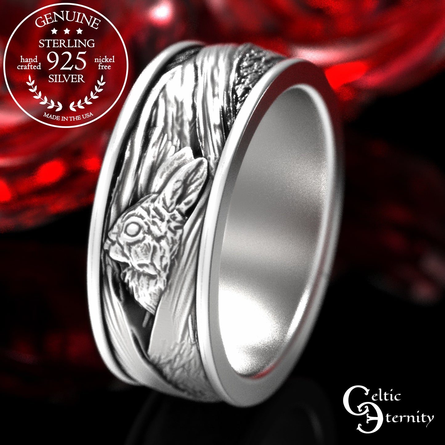 Men's Sterling Silver Rabbit & Tree Burrow Wedding Band, 1796
