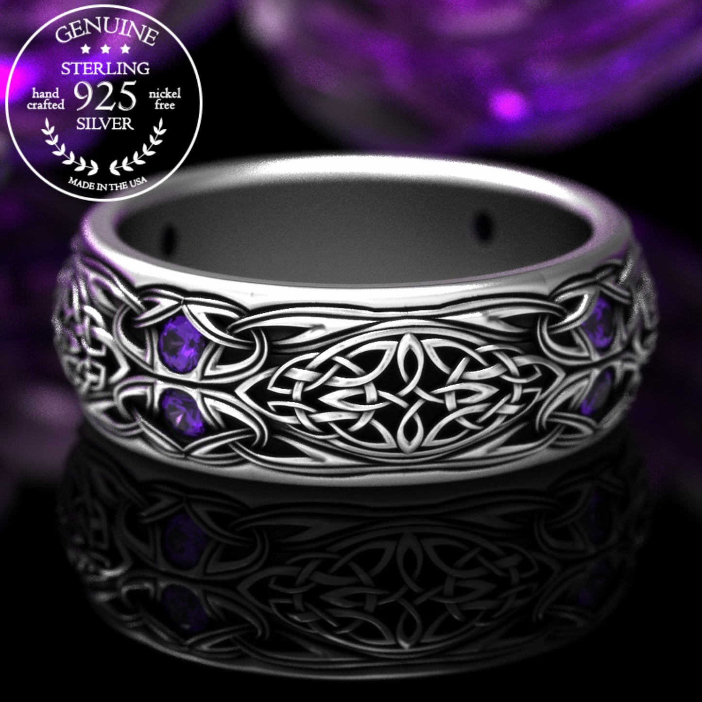 Sterling Men's Celtic Emerald Wedding Band - Celtic Cross & Trinity Knotwork, 1804