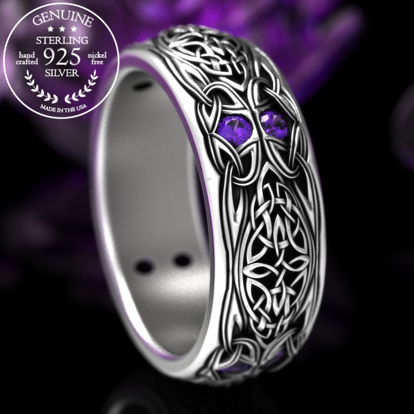 Sterling Men's Celtic Emerald Wedding Band - Celtic Cross & Trinity Knotwork, 1804