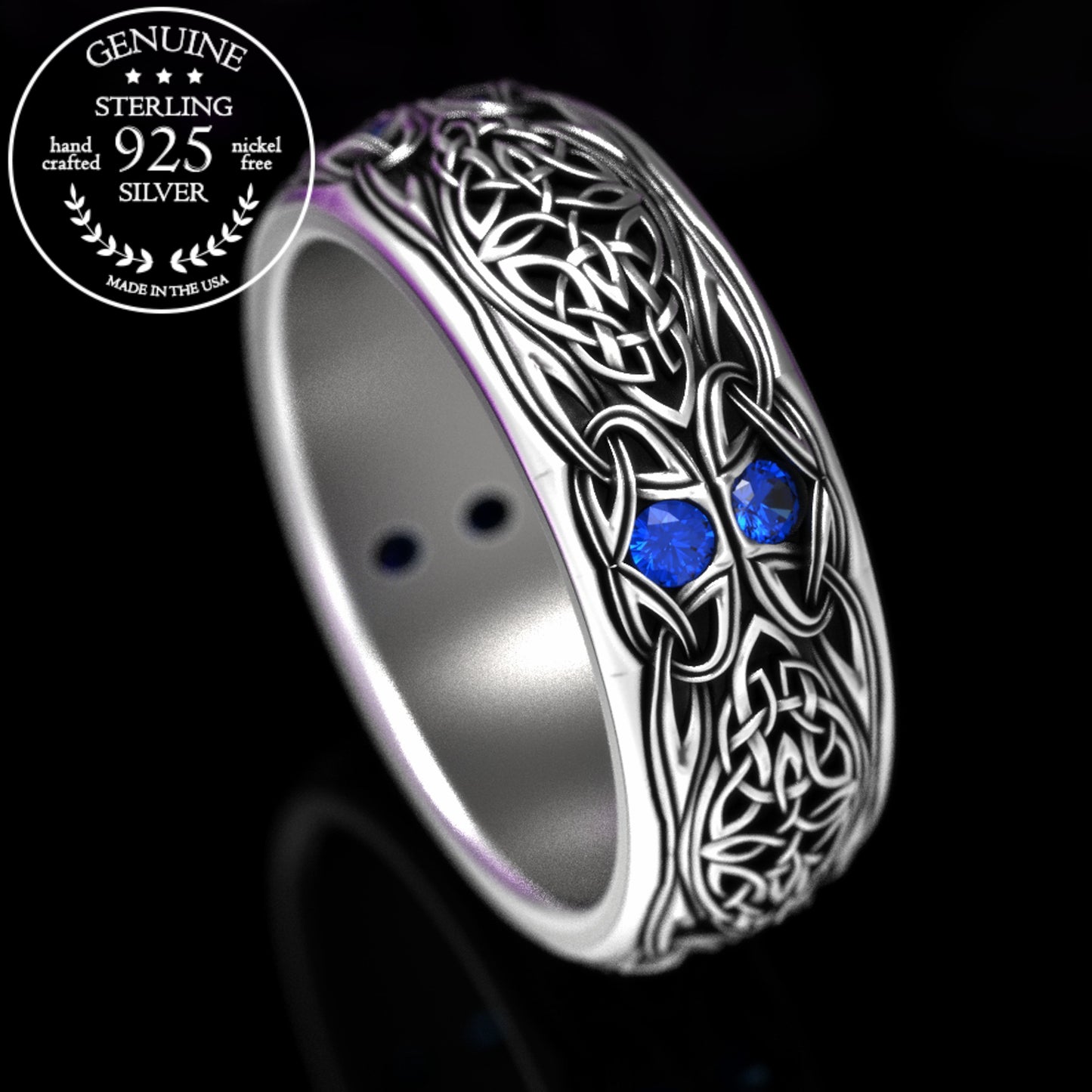 Sterling Men's Celtic Emerald Wedding Band - Celtic Cross & Trinity Knotwork, 1804