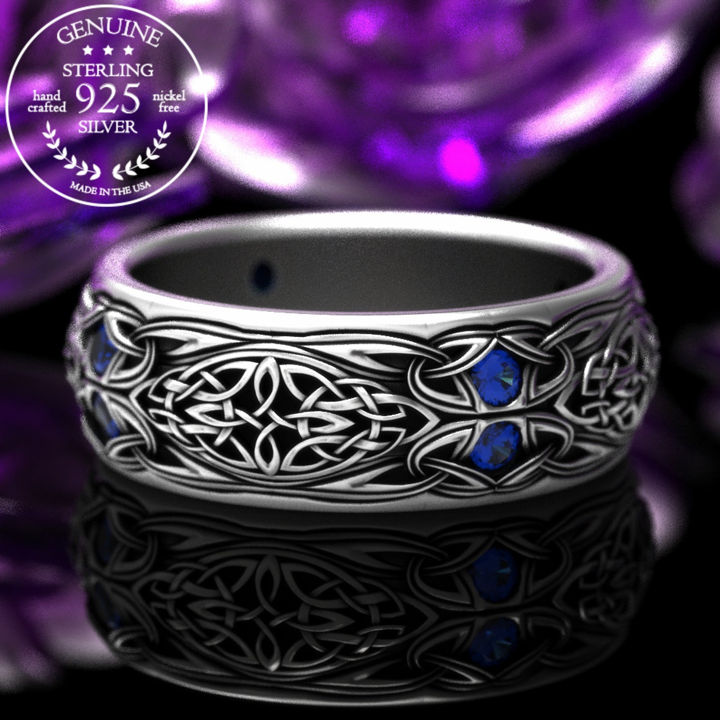 Sterling Men's Celtic Emerald Wedding Band - Celtic Cross & Trinity Knotwork, 1804
