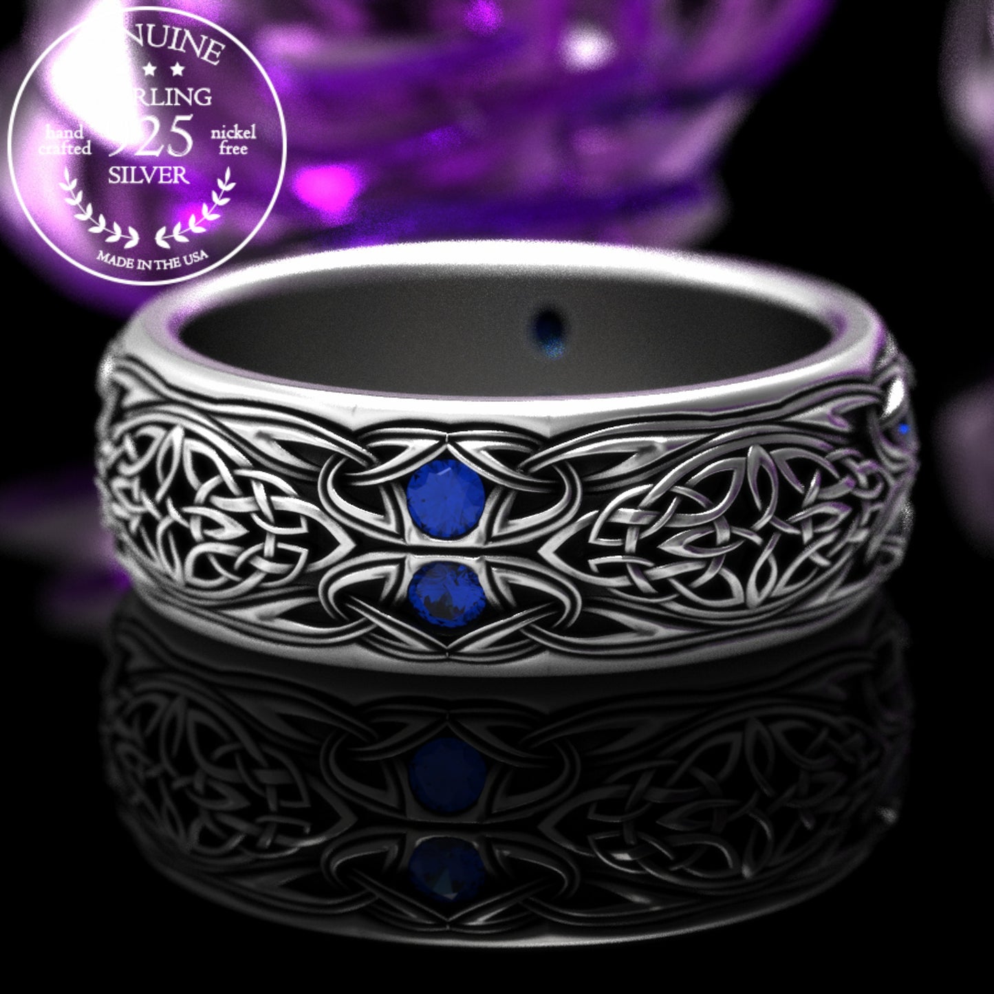 Sterling Men's Celtic Emerald Wedding Band - Celtic Cross & Trinity Knotwork, 1804