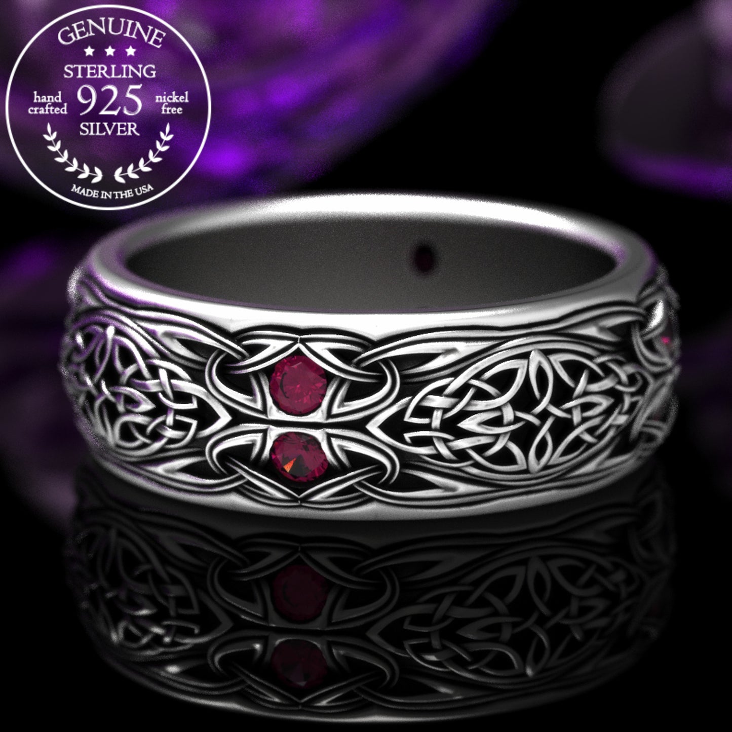 Sterling Men's Celtic Emerald Wedding Band - Celtic Cross & Trinity Knotwork, 1804