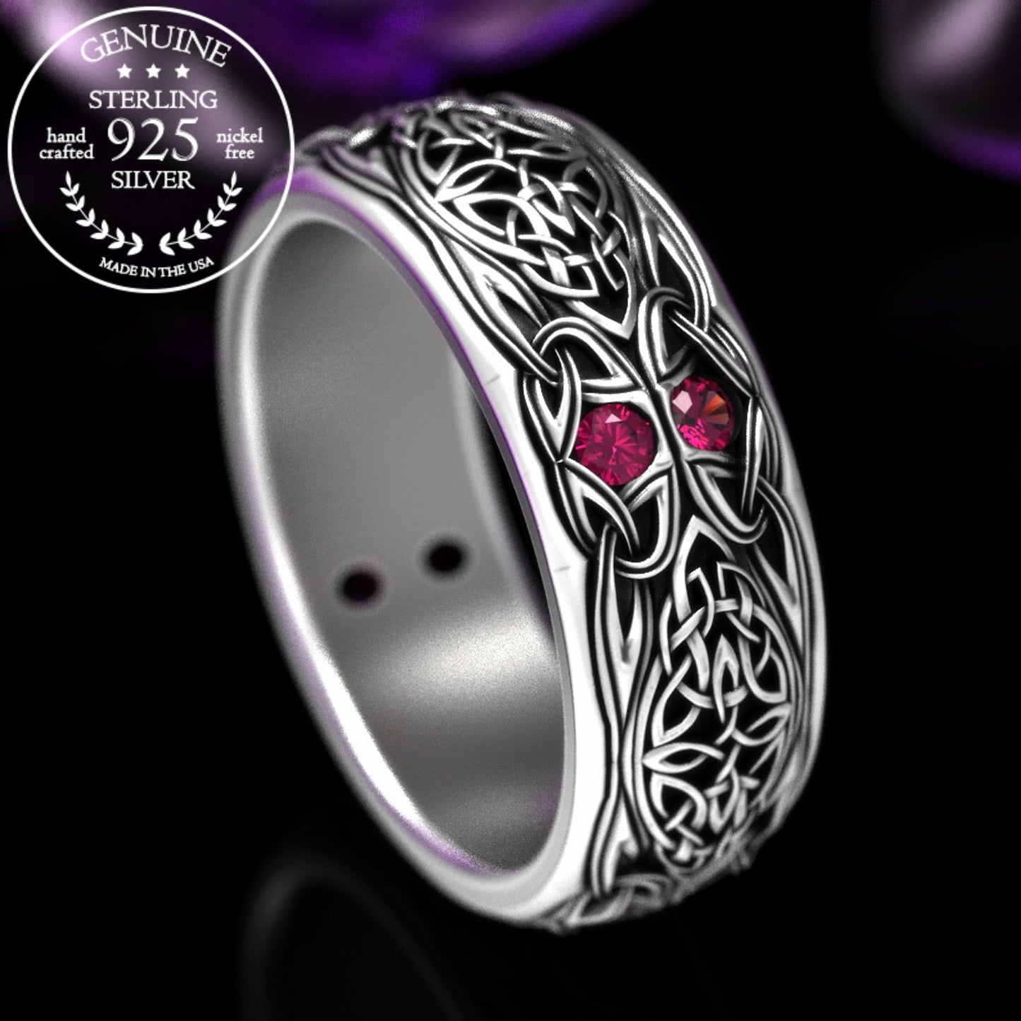 Sterling Men's Celtic Emerald Wedding Band - Celtic Cross & Trinity Knotwork, 1804