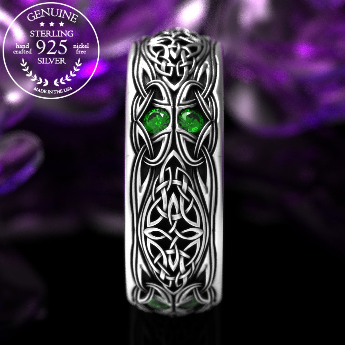 Sterling Men's Celtic Emerald Wedding Band - Celtic Cross & Trinity Knotwork, 1804
