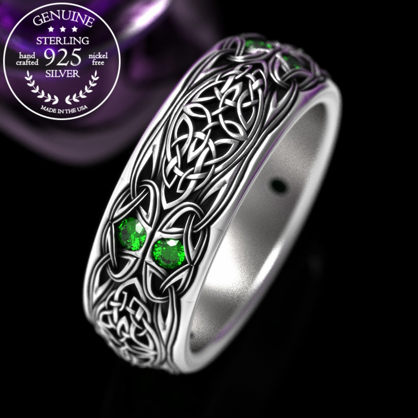 Sterling Men's Celtic Emerald Wedding Band - Celtic Cross & Trinity Knotwork, 1804