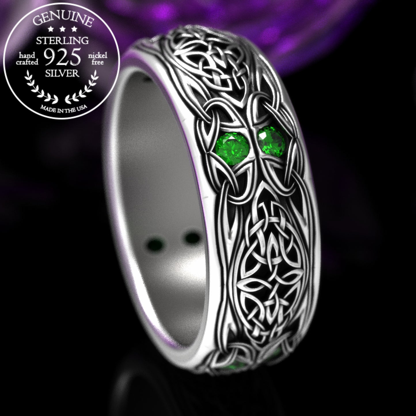 Sterling Men's Celtic Emerald Wedding Band - Celtic Cross & Trinity Knotwork, 1804