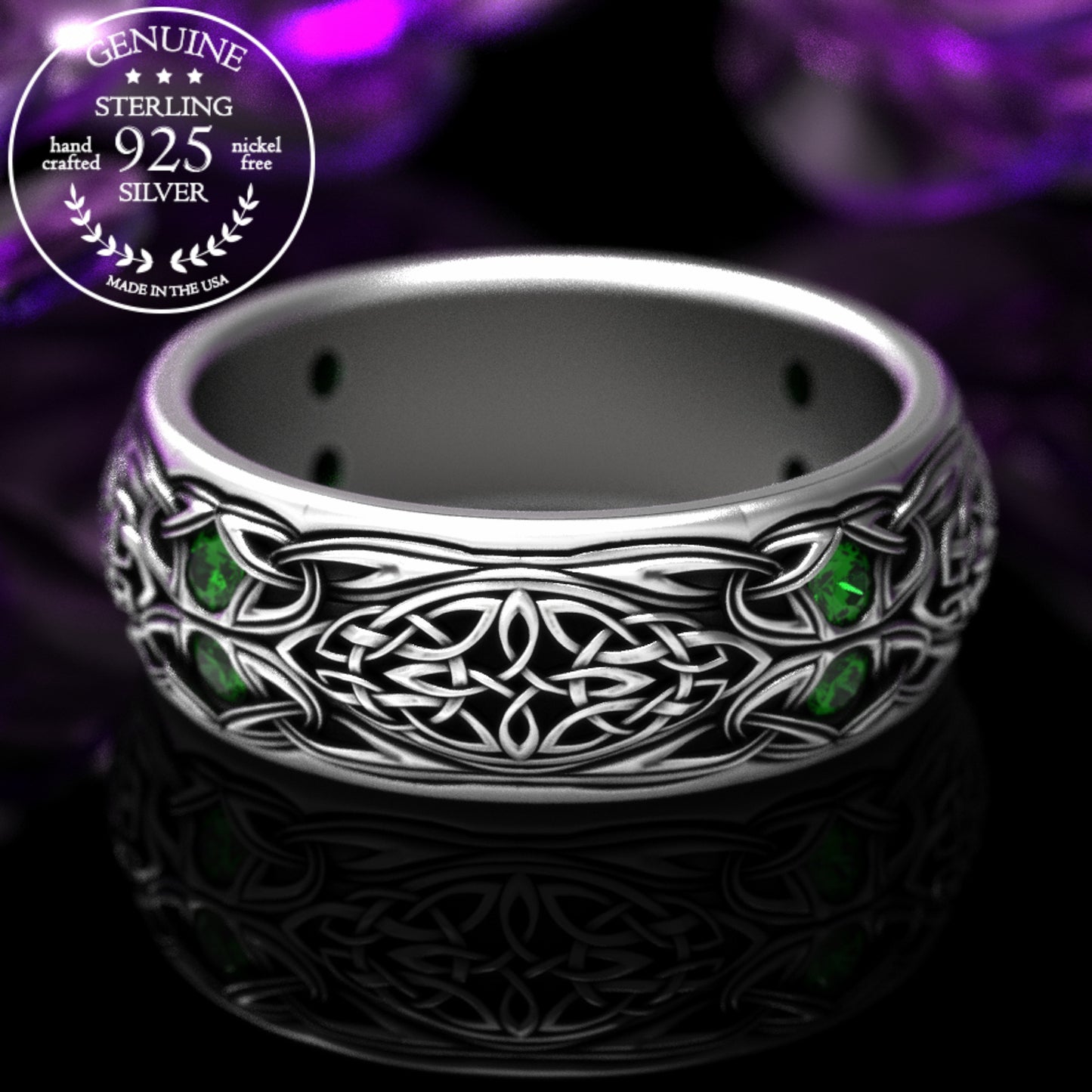 Sterling Men's Celtic Emerald Wedding Band - Celtic Cross & Trinity Knotwork, 1804