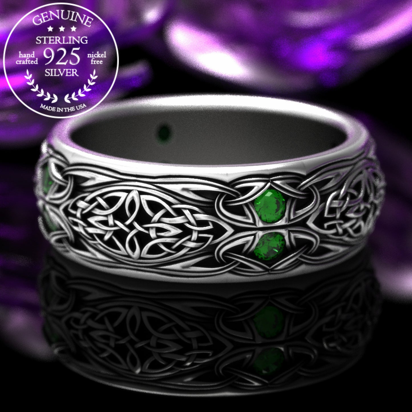 Sterling Men's Celtic Emerald Wedding Band - Celtic Cross & Trinity Knotwork, 1804