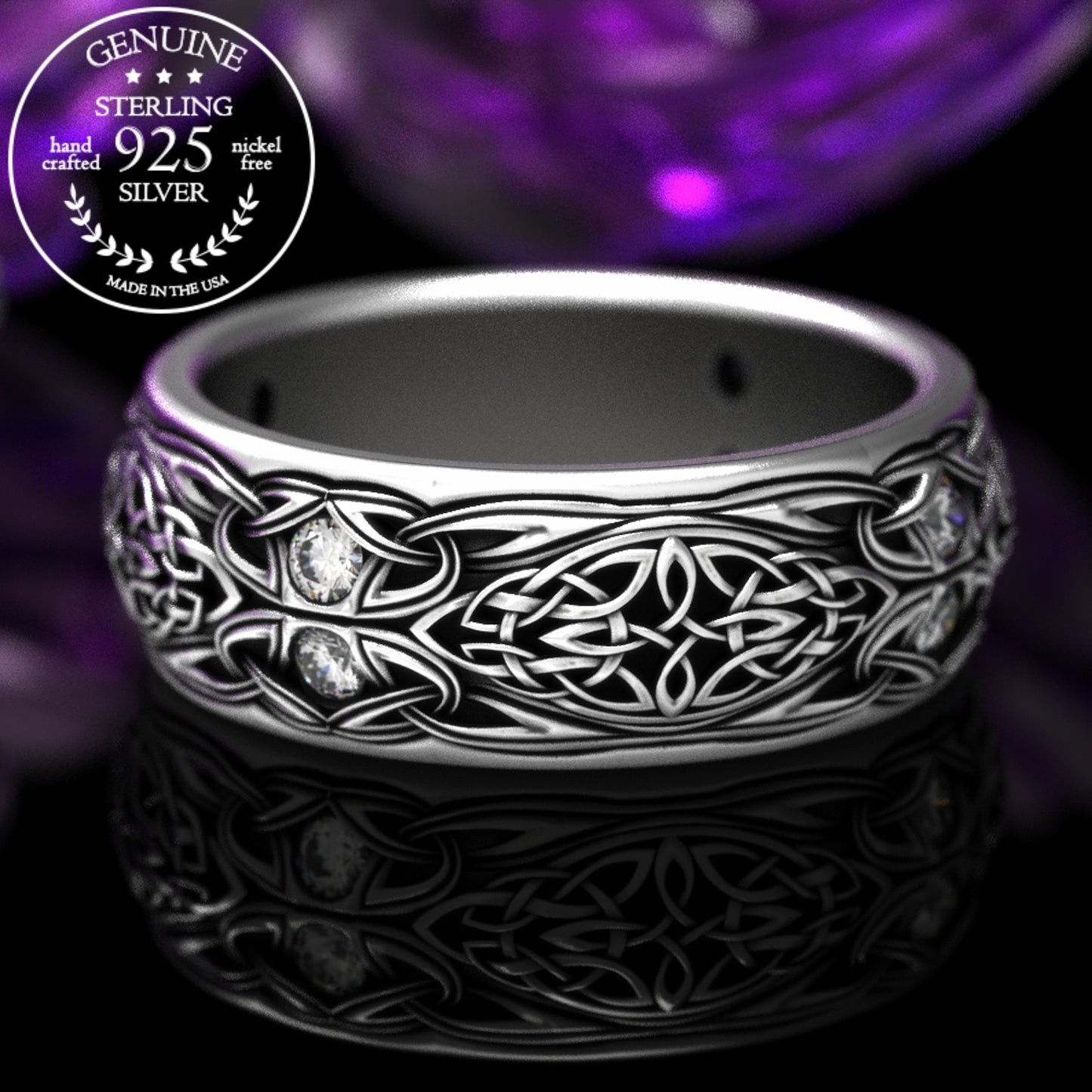 Sterling Men's Celtic Emerald Wedding Band - Celtic Cross & Trinity Knotwork, 1804