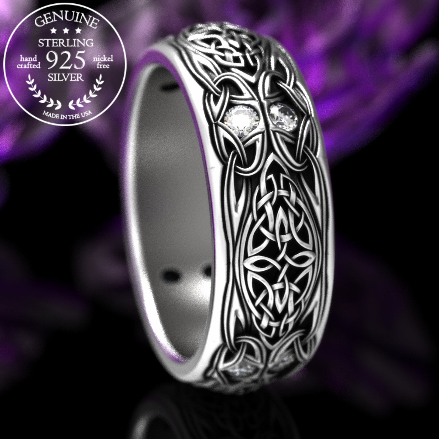 Sterling Men's Celtic Emerald Wedding Band - Celtic Cross & Trinity Knotwork, 1804