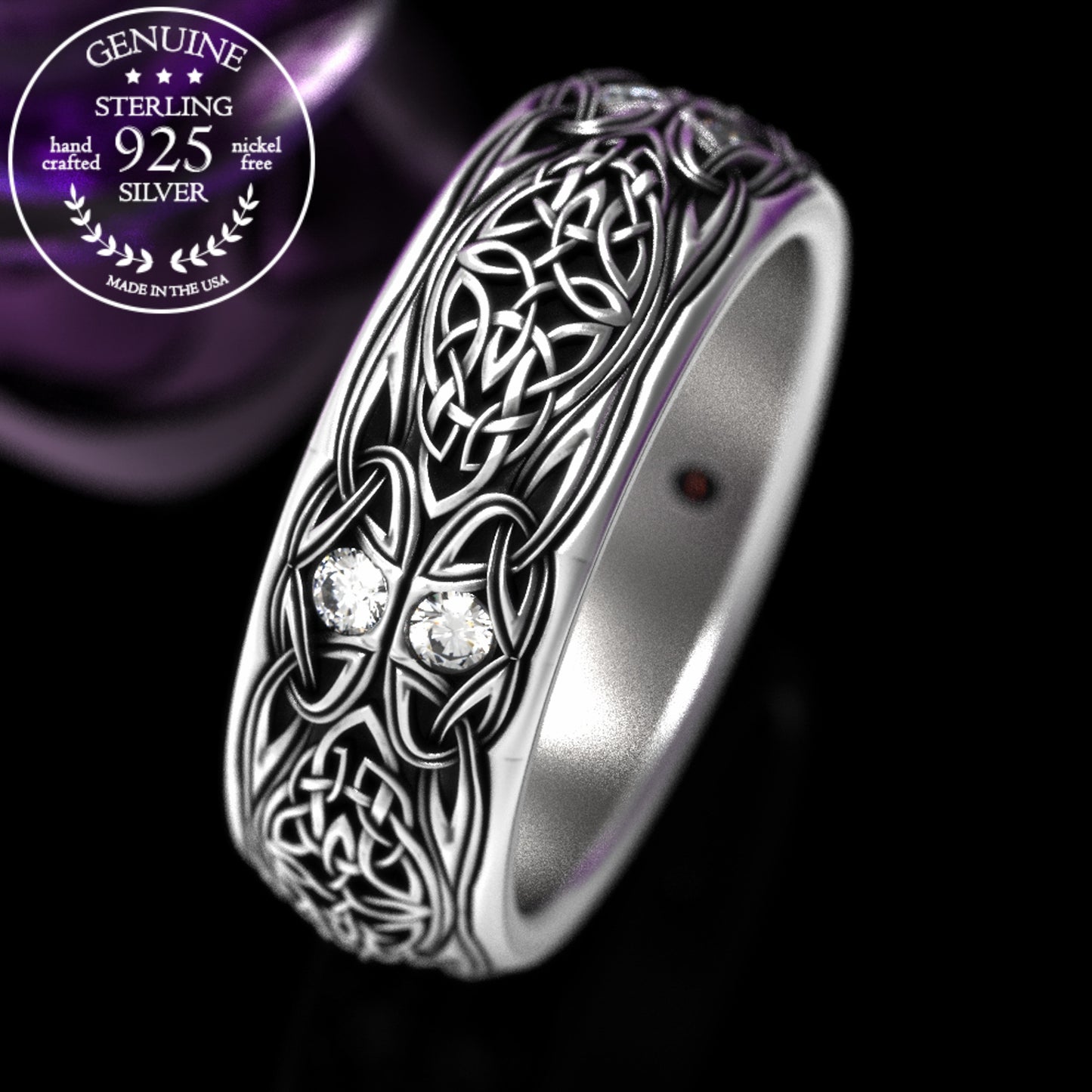 Sterling Men's Celtic Emerald Wedding Band - Celtic Cross & Trinity Knotwork, 1804