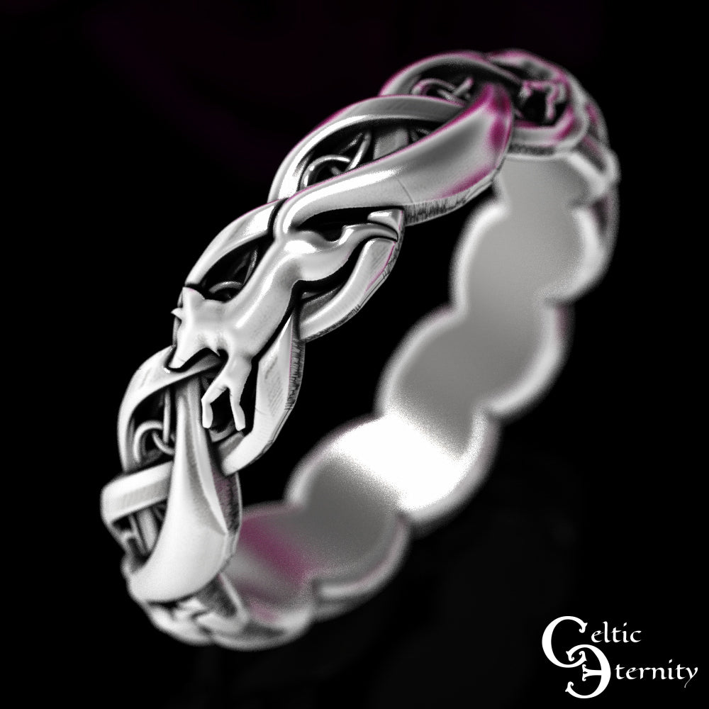 Sterling Silver Matching Celtic Foxes Wedding Band Set - Bride & Groom, 1871 1872