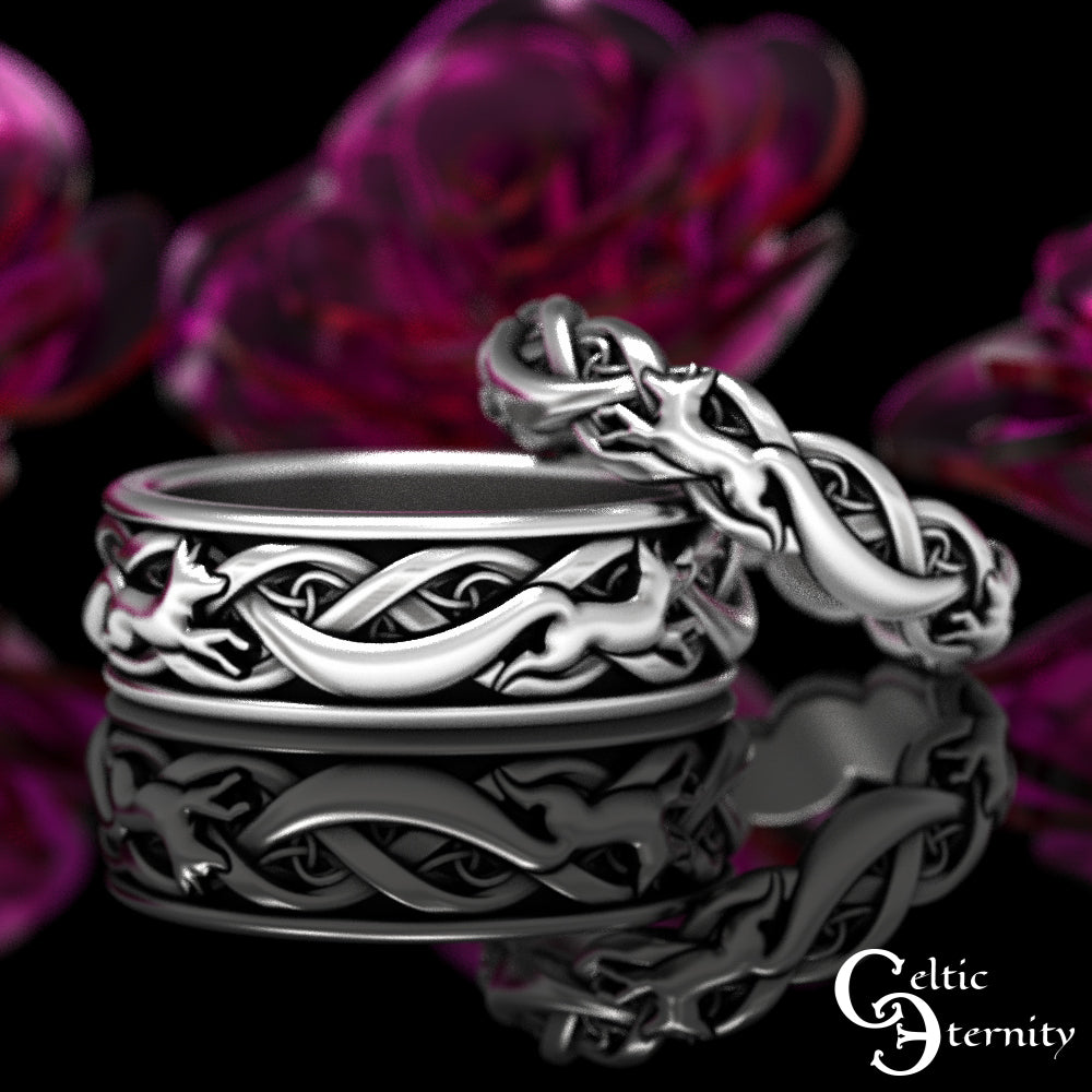 Sterling Silver Matching Celtic Foxes Wedding Band Set - Bride & Groom, 1871 1872