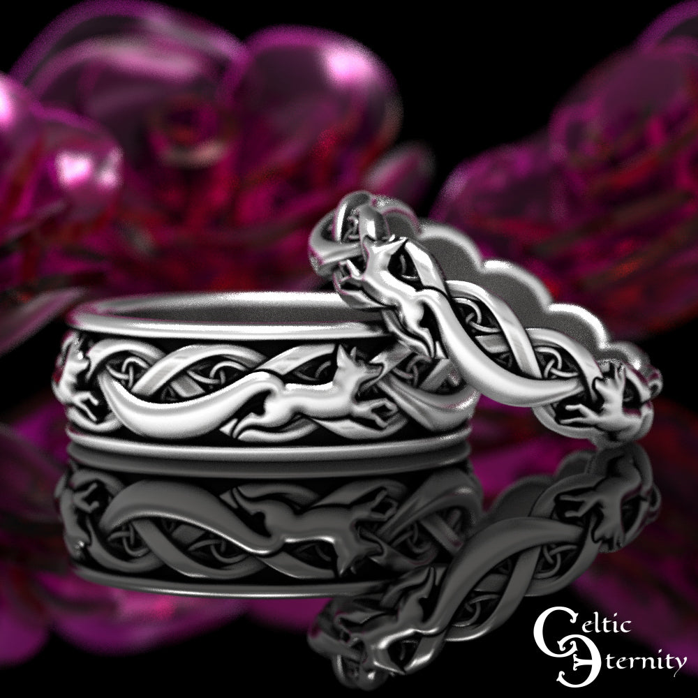 Sterling Silver Matching Celtic Foxes Wedding Band Set - Bride & Groom, 1871 1872