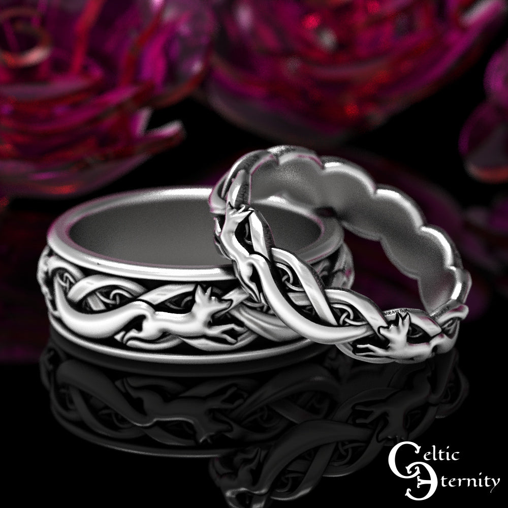 Sterling Silver Matching Celtic Foxes Wedding Band Set - Bride & Groom, 1871 1872
