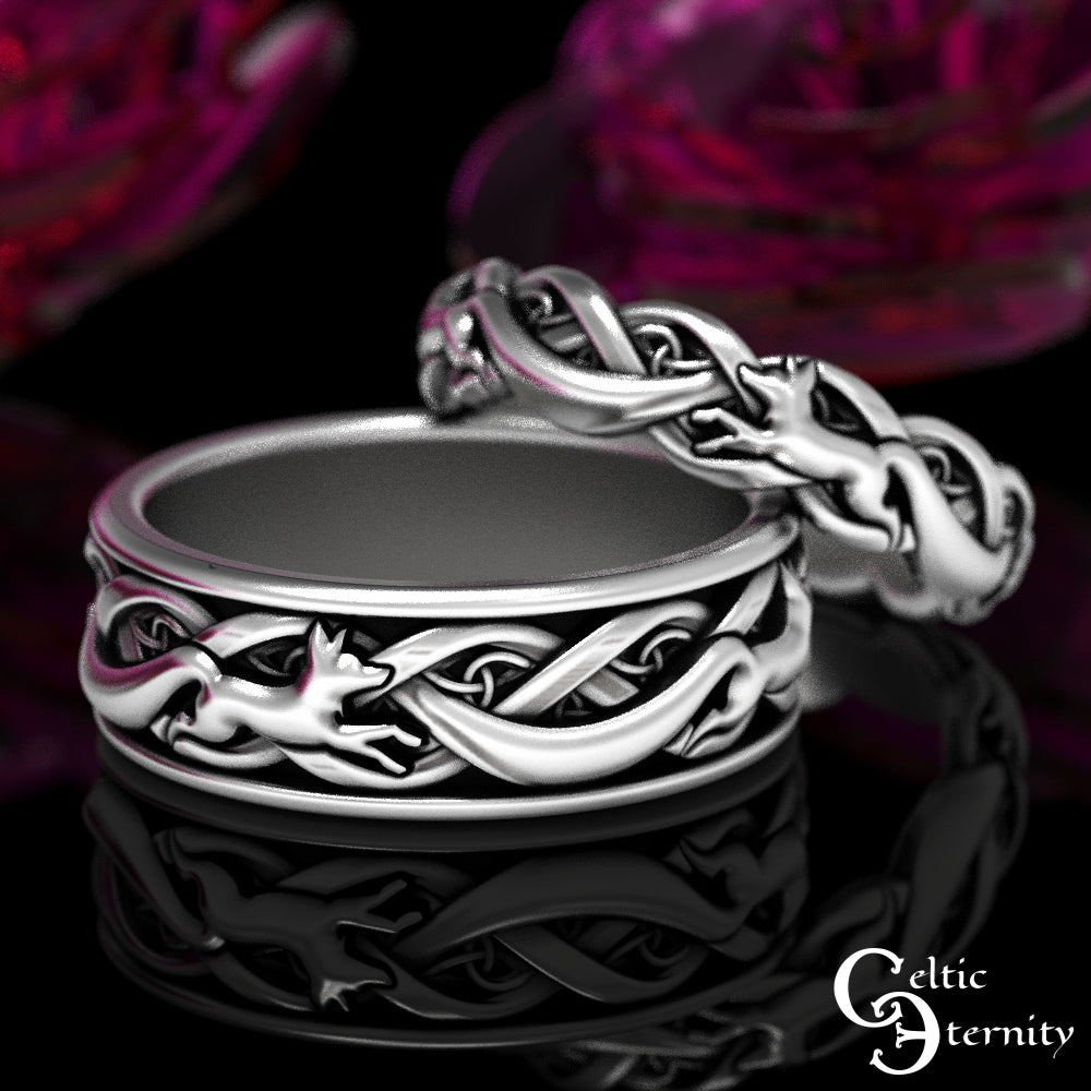 Sterling Silver Matching Celtic Foxes Wedding Band Set - Bride & Groom, 1871 1872