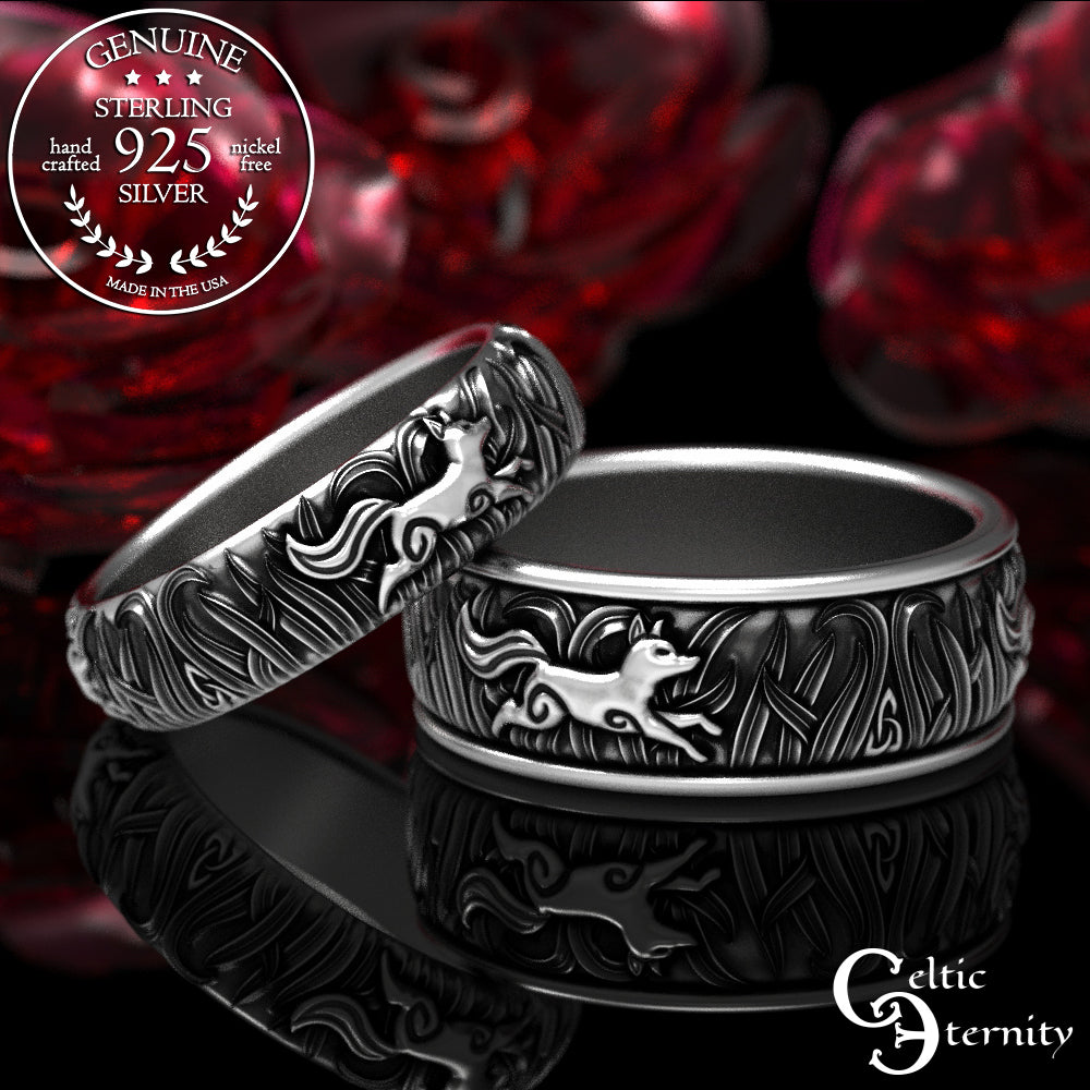 Sterling Silver Matching His Hers Running Foxes Wedding Band Set, 1907 1908