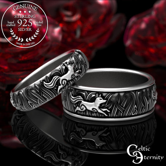Sterling Silver Matching His Hers Running Foxes Wedding Band Set, 1907 1908