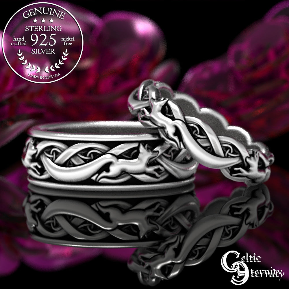 Sterling Silver Matching Celtic Foxes Wedding Band Set - Bride & Groom, 1871 1872