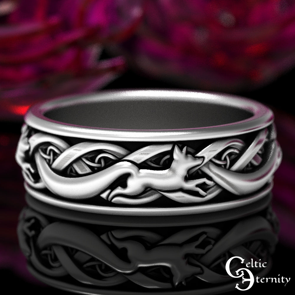 Sterling Silver Matching Celtic Foxes Wedding Band Set - Bride & Groom, 1871 1872