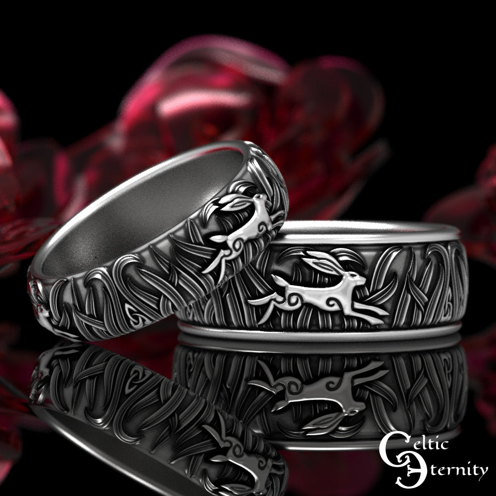 Matching Sterling Silver Rabbits His & Hers Wedding Band Set, 1905 1906