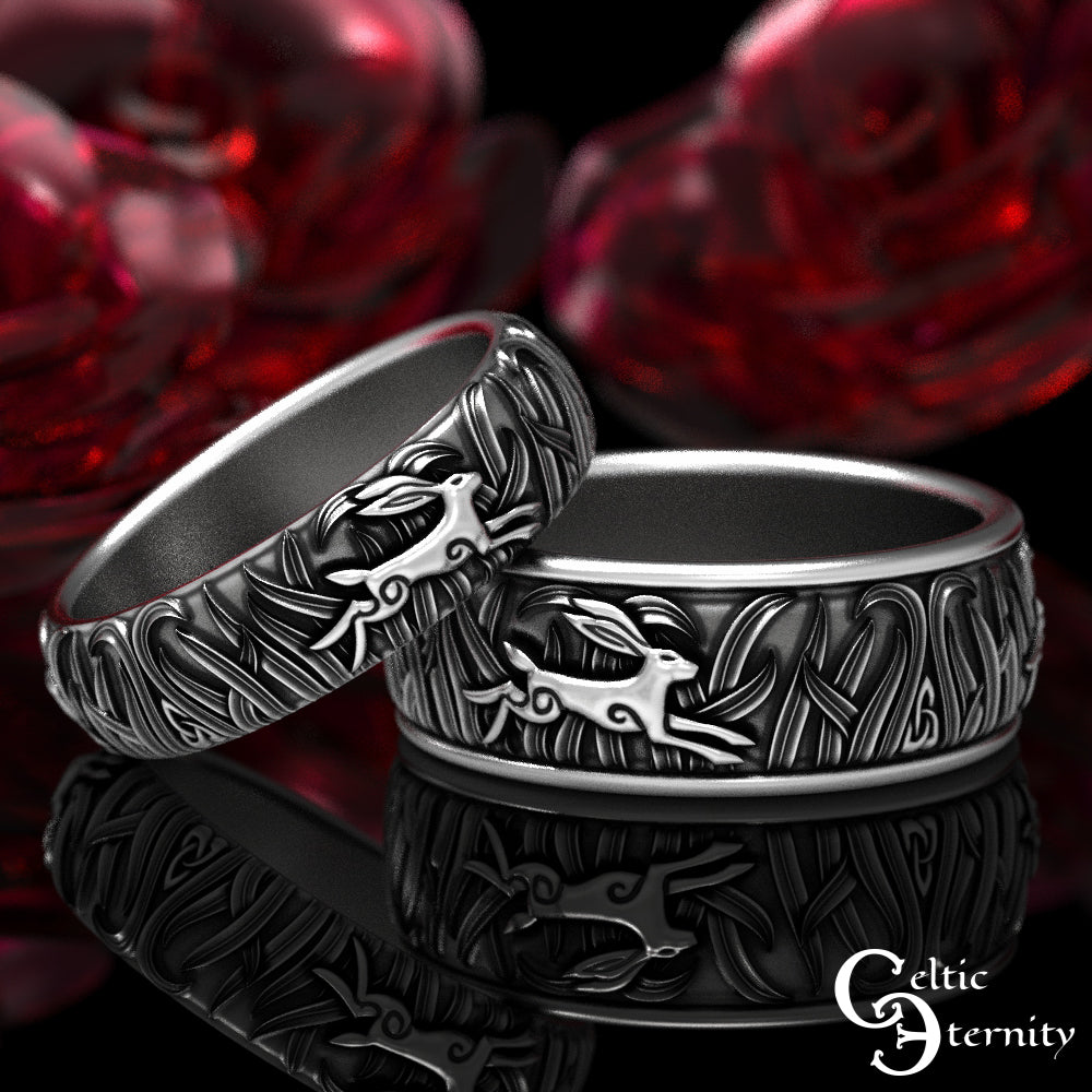 Matching Sterling Silver Rabbits His & Hers Wedding Band Set, 1905 1906