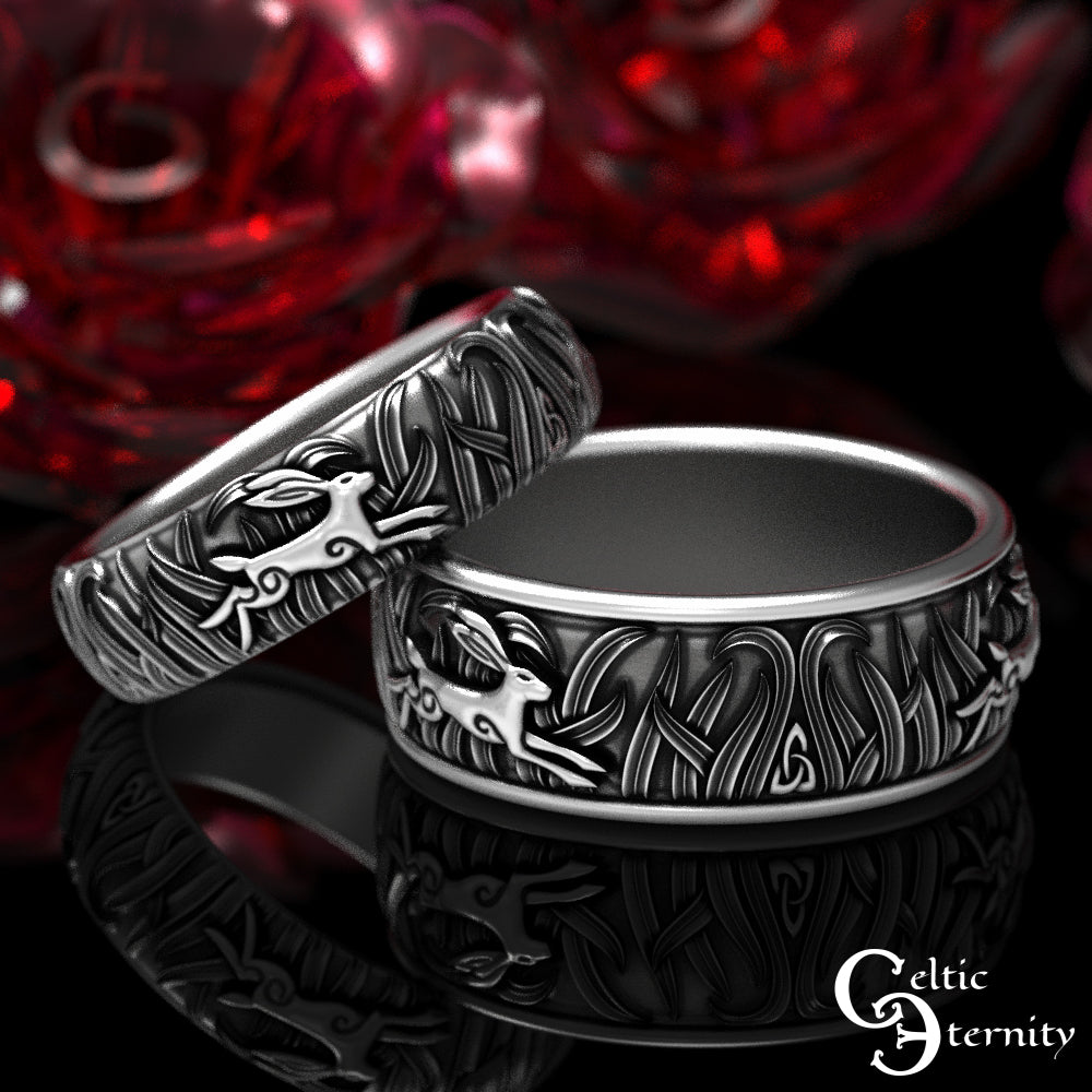 Matching Sterling Silver Rabbits His & Hers Wedding Band Set, 1905 1906