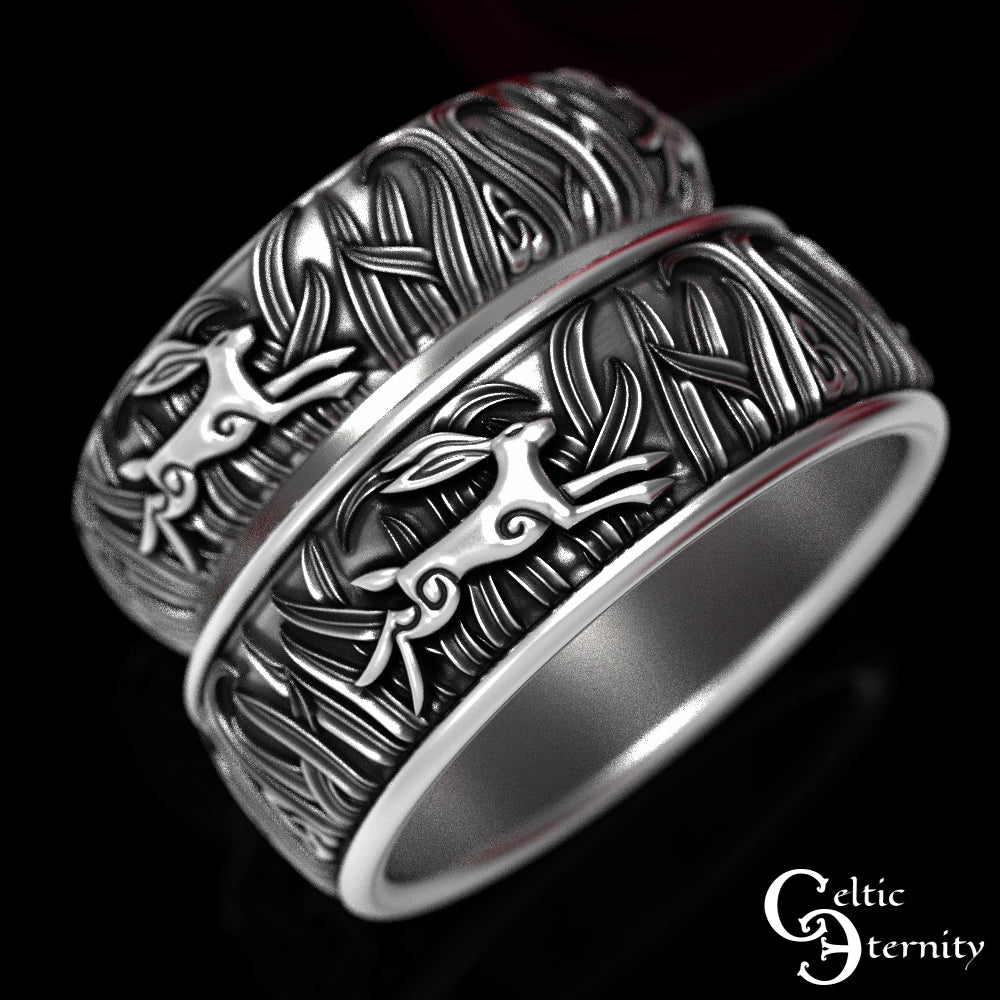 Matching Sterling Silver Rabbits His & Hers Wedding Band Set, 1905 1906