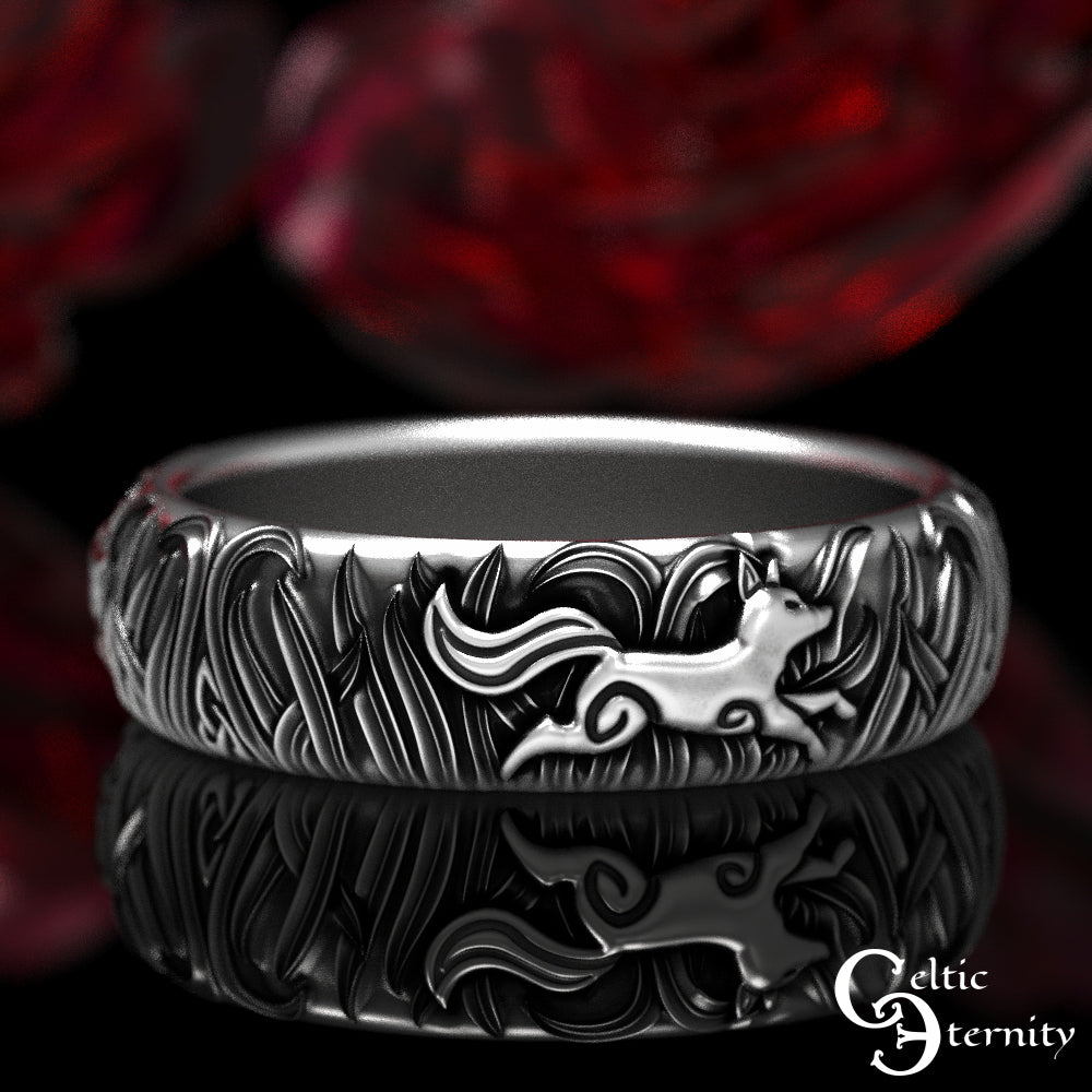Sterling Silver Matching His Hers Running Foxes Wedding Band Set, 1907 1908