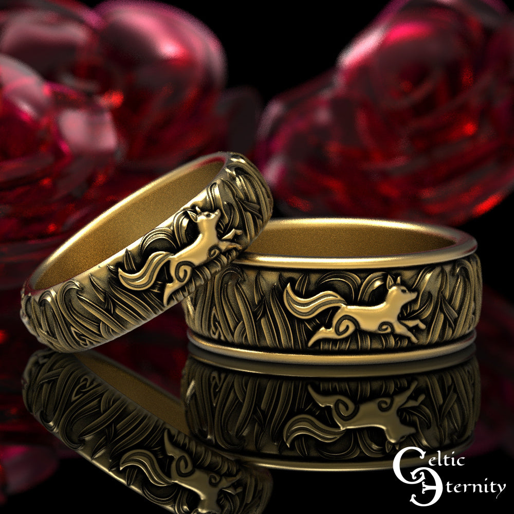 Sterling Silver Matching His Hers Running Foxes Wedding Band Set, 1907 1908