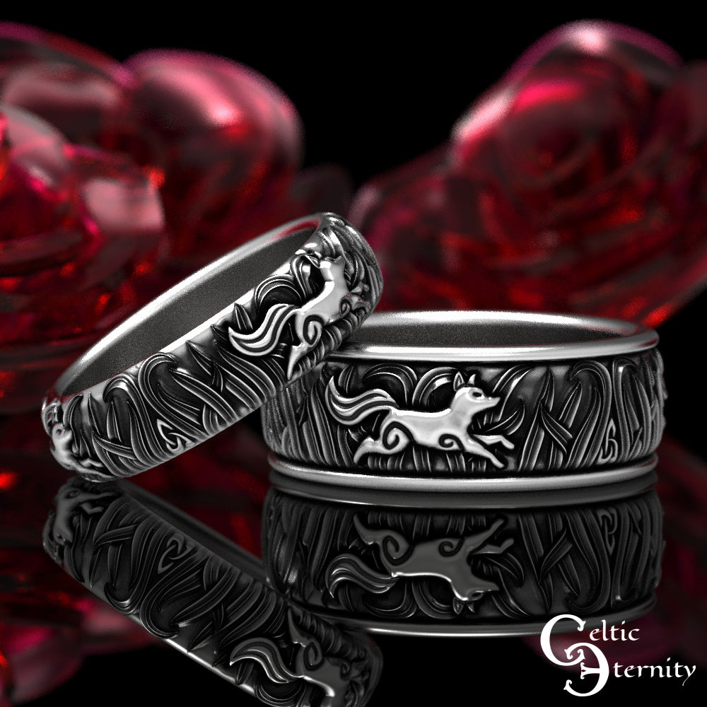 Sterling Silver Matching His Hers Running Foxes Wedding Band Set, 1907 1908