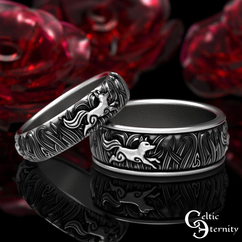 Sterling Silver Matching His Hers Running Foxes Wedding Band Set, 1907 1908