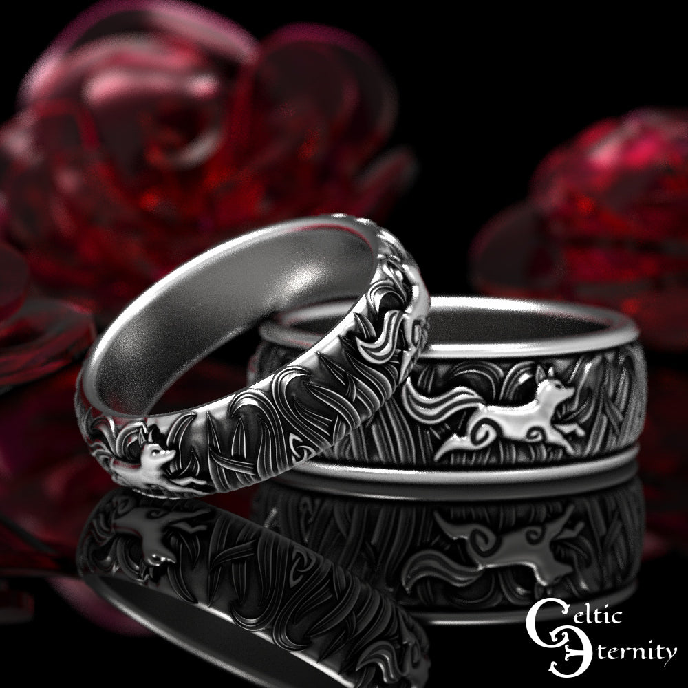 Sterling Silver Matching His Hers Running Foxes Wedding Band Set, 1907 1908