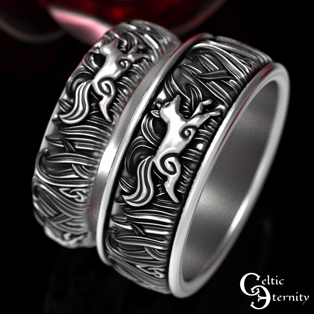Sterling Silver Matching His Hers Running Foxes Wedding Band Set, 1907 1908