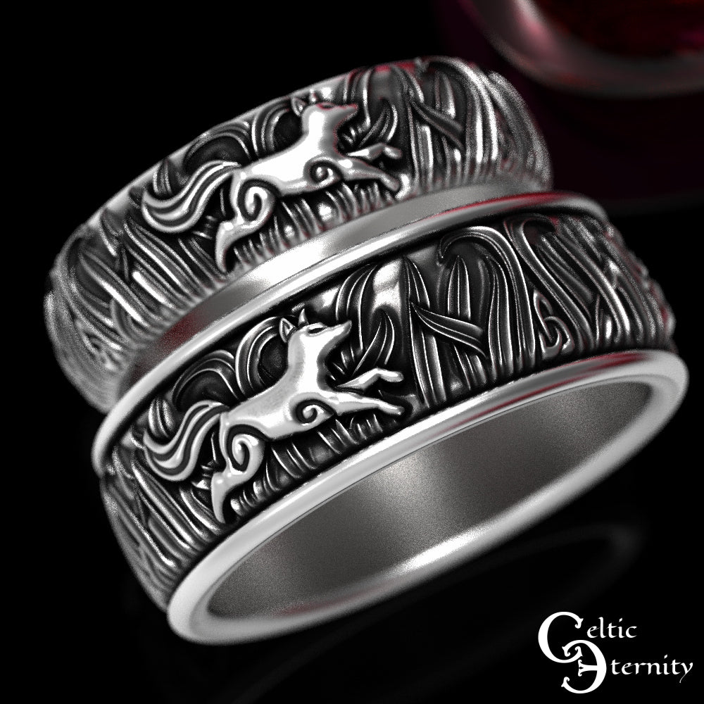 Sterling Silver Matching His Hers Running Foxes Wedding Band Set, 1907 1908