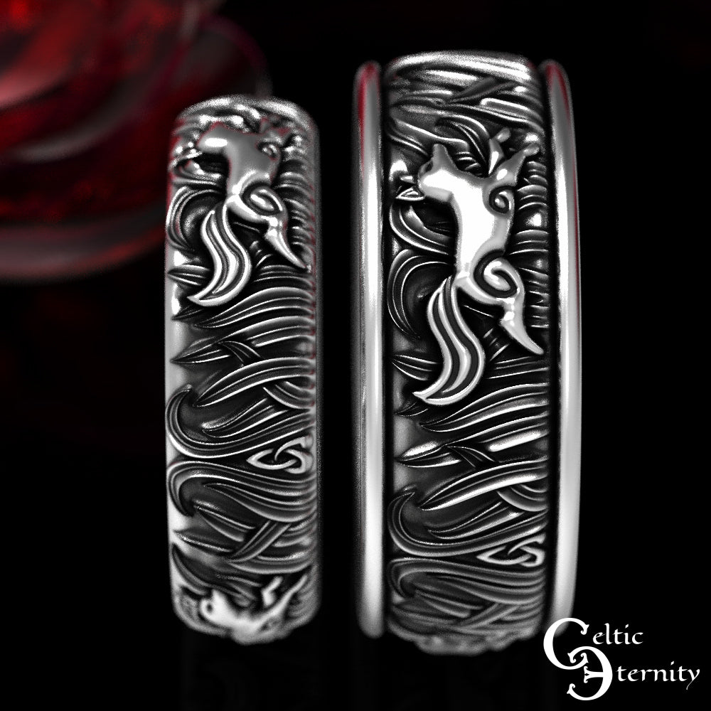 Sterling Silver Matching His Hers Running Foxes Wedding Band Set, 1907 1908