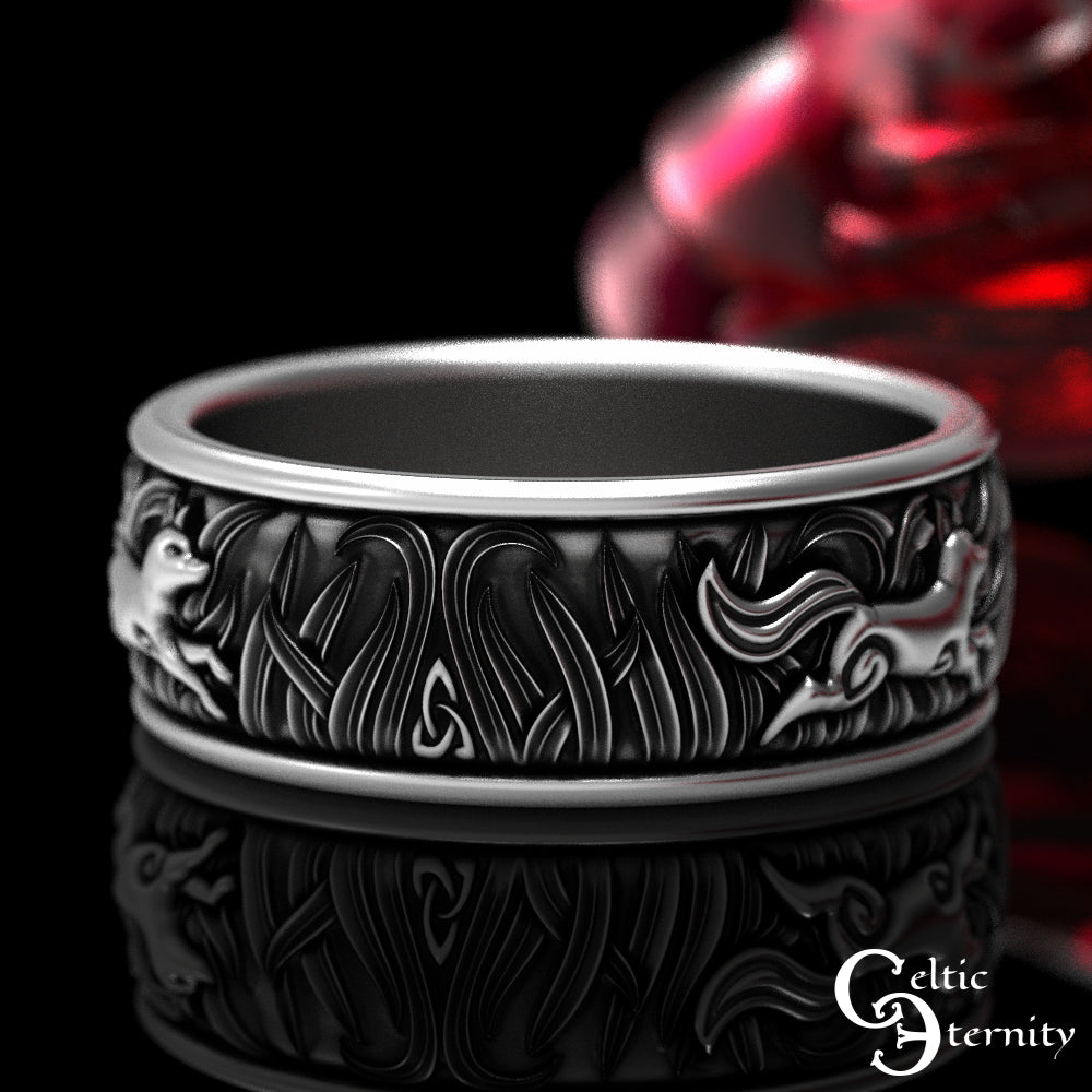 Sterling Silver Matching His Hers Running Foxes Wedding Band Set, 1907 1908