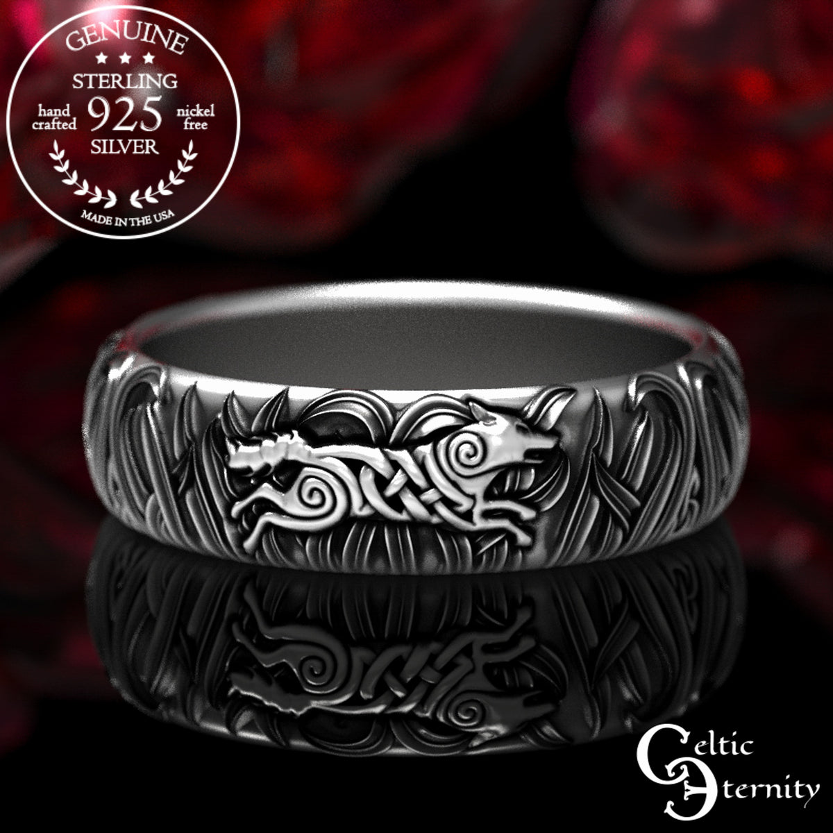 Women's Sterling Celtic Running Wolves Wedding Band, 1909