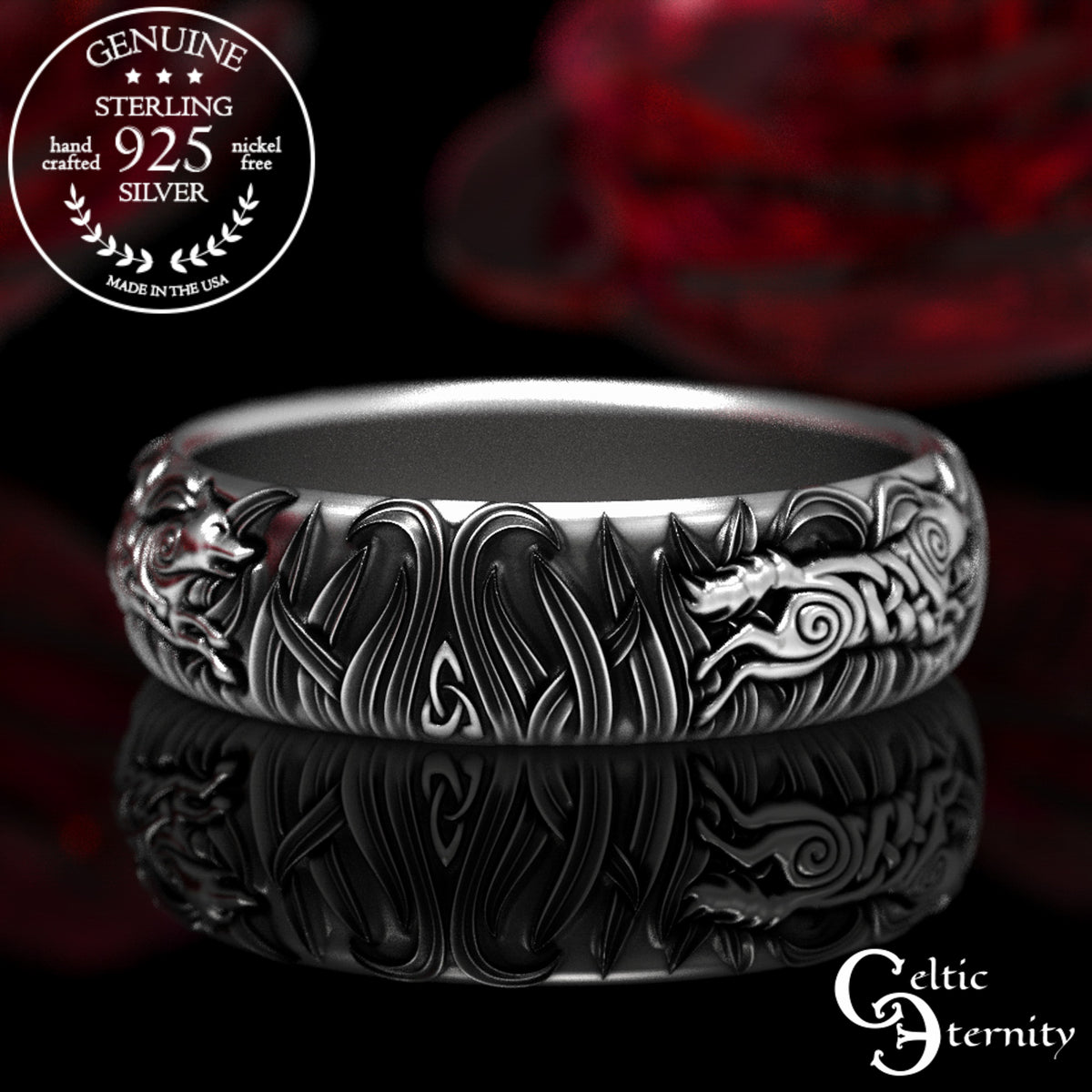 Women's Sterling Celtic Running Wolves Wedding Band, 1909