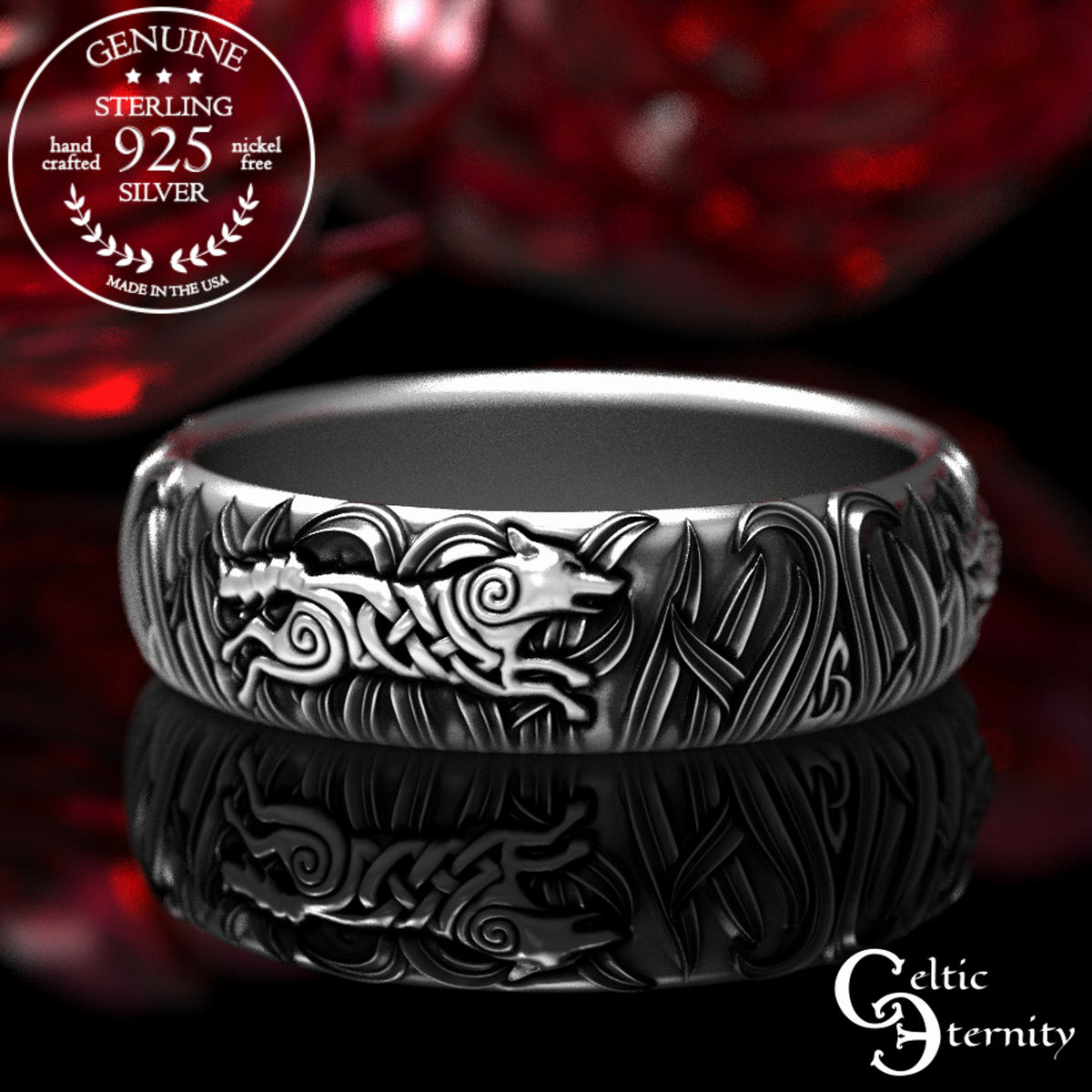Women's Sterling Celtic Running Wolves Wedding Band, 1909